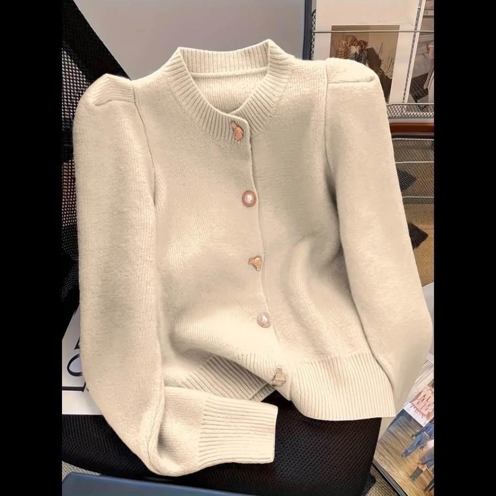 Crew Neck Cardigan Beaded Button Front Long Sleeve Apricot